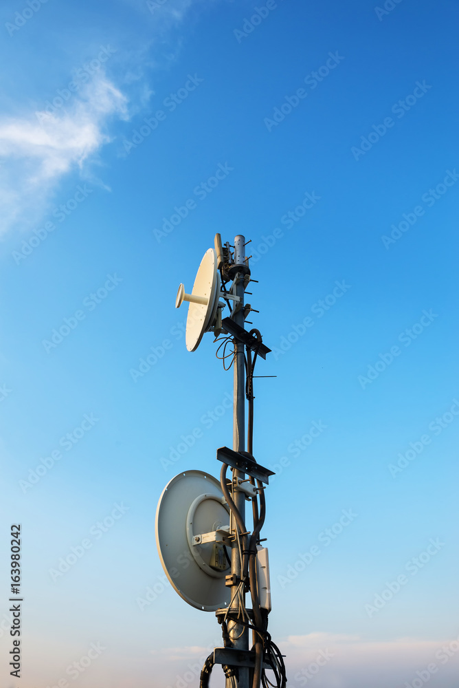 A satellite dish installed on the roof to connect the TV to allow viewing items.