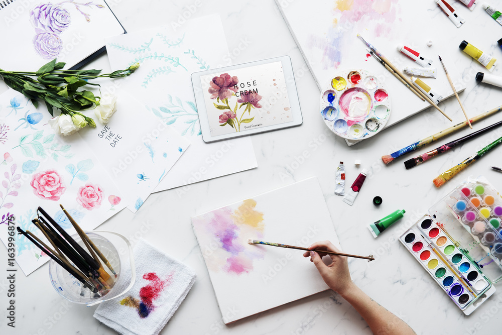 Painting color objects on a marble table