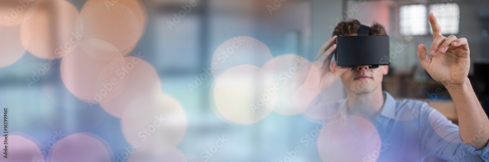 Man Wearing VR Headset with sparkling lights bokeh transition