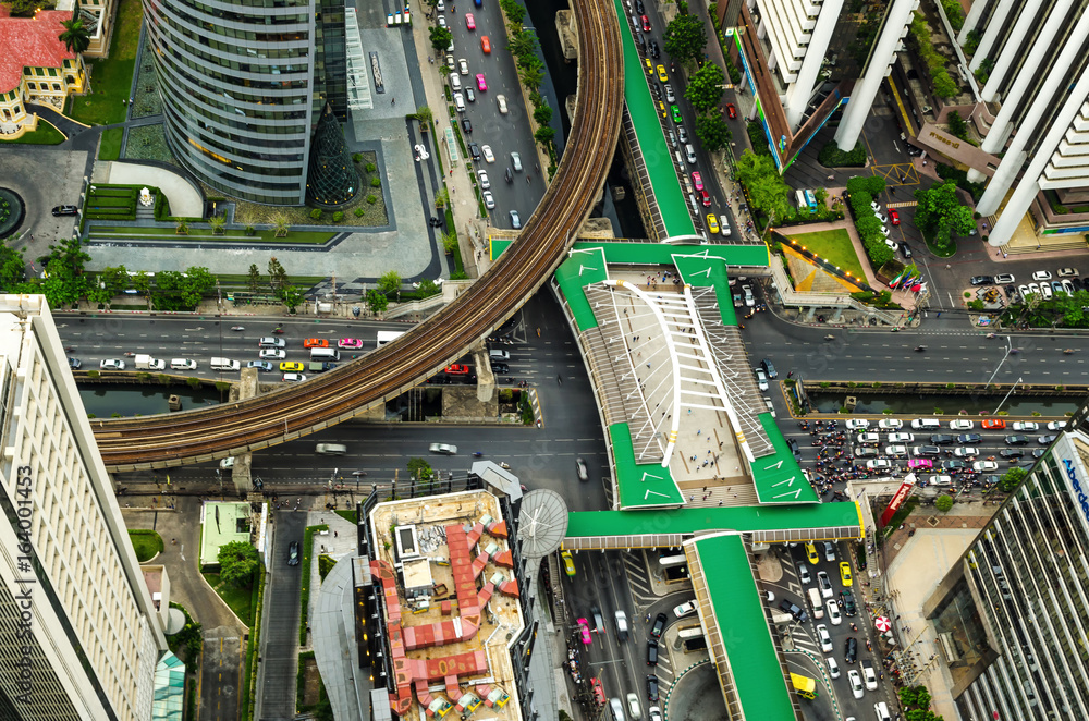 Road and BTS station in Bangkok, Thailand.