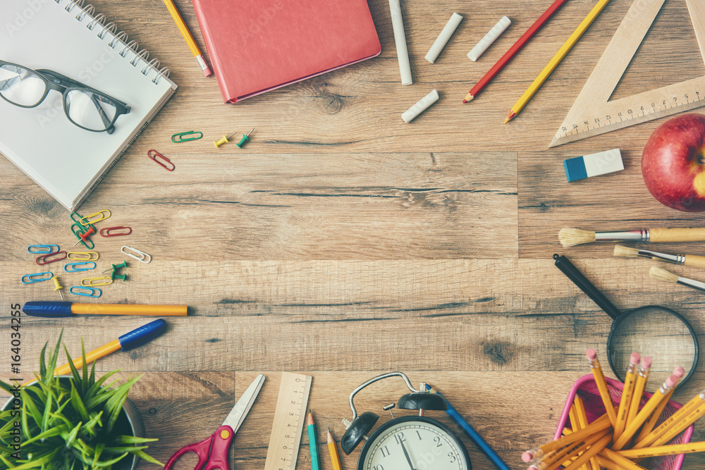 Wooden desk with supplies