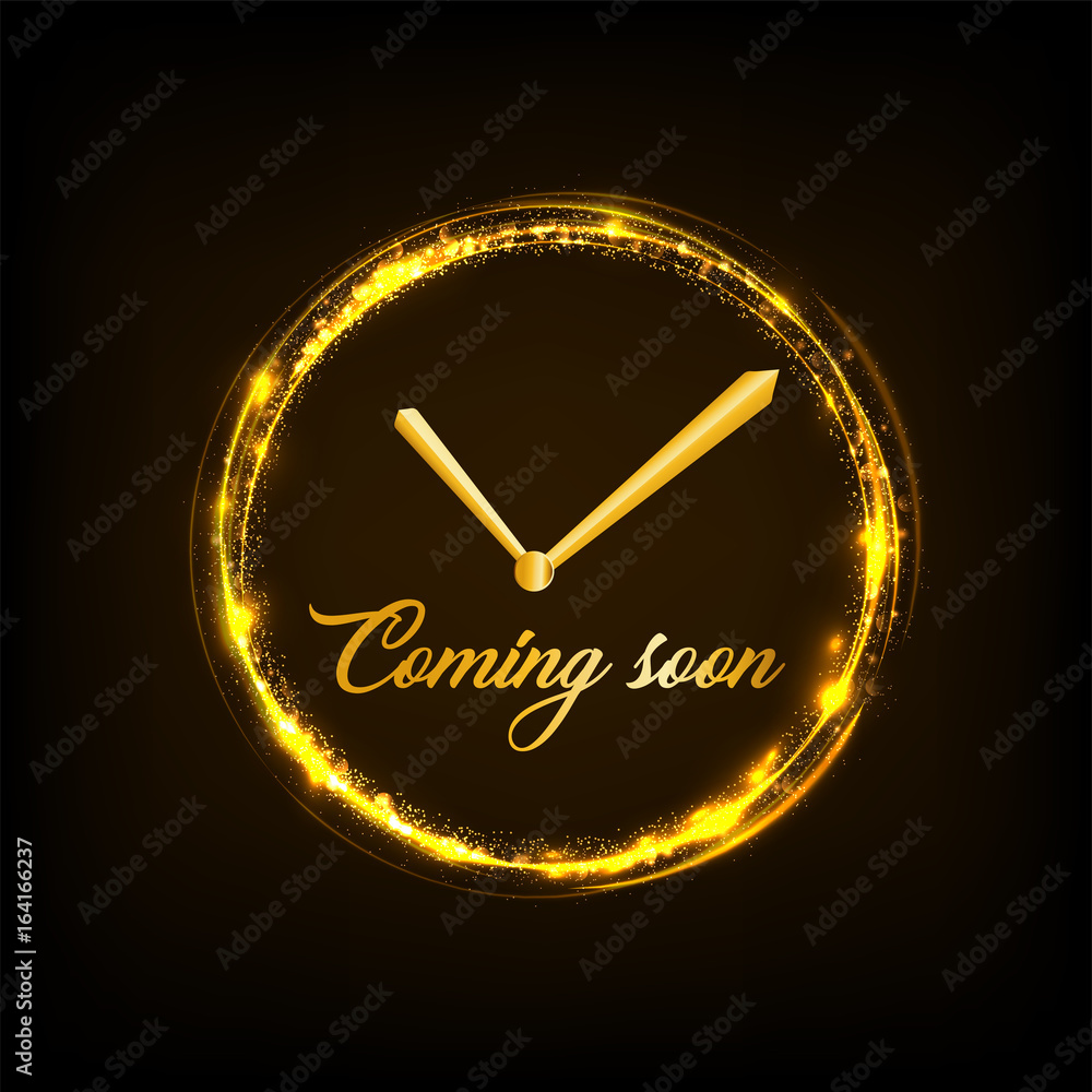 coming soon concept with clock shape and Golden light frame with sparkling particle. .Vector illustr