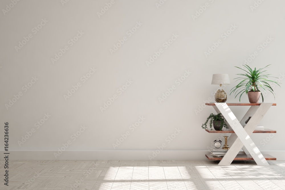 White empty room with modern table. Scandinavian interior design. 3D illustration