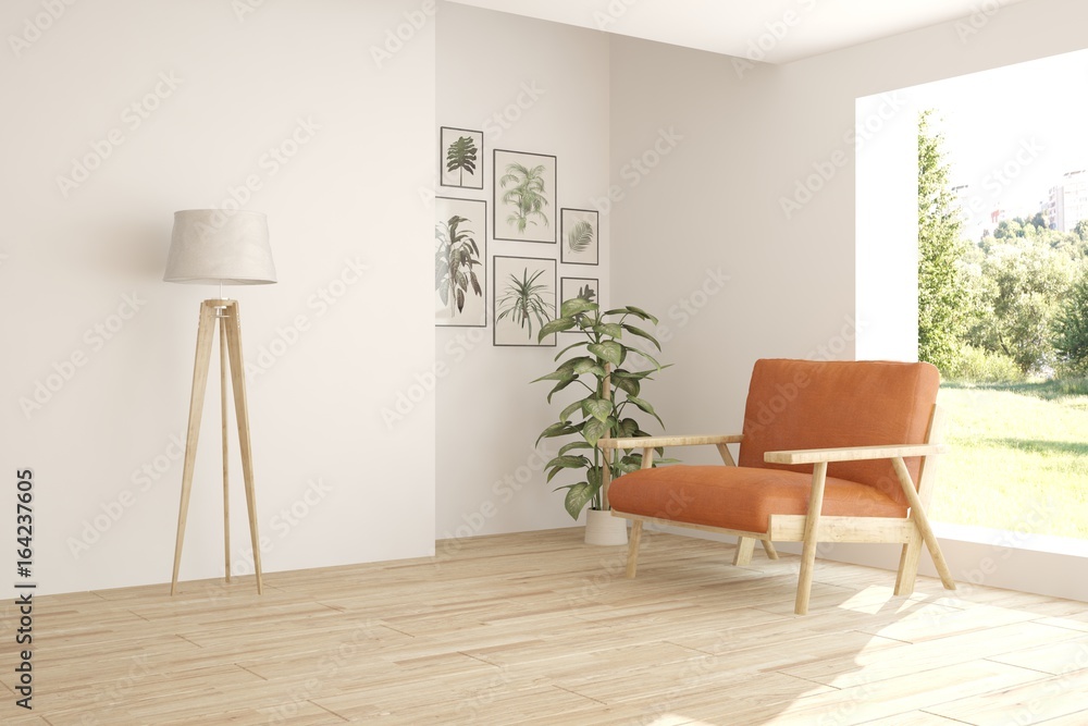 White minimalist room with orange armchair. Scandinavian interior design. 3D illustration