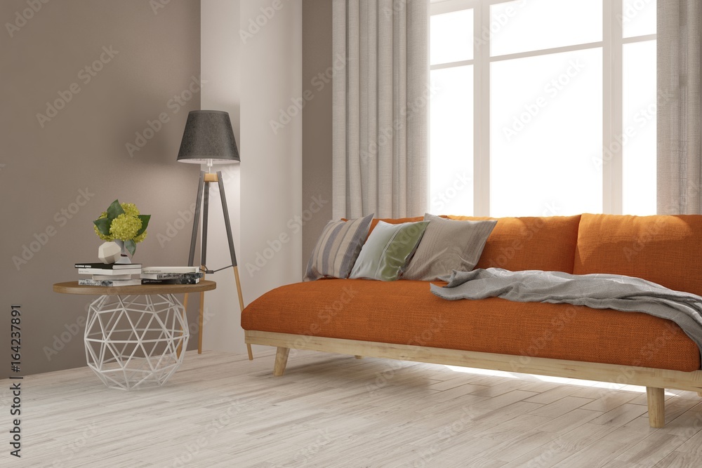 Idea of white minimalist room with orange sofa. Scandinavian interior design. 3D illustration