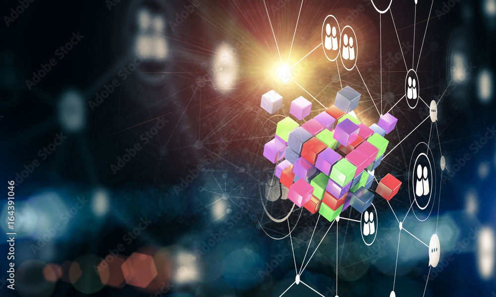 Concept of Internet and networking with digital cube figure on d