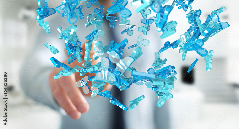 Businessman holding 3D rendering group of blue people