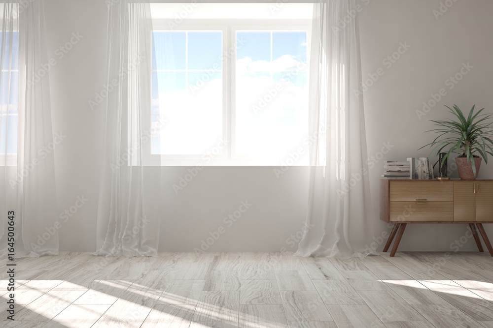 Idea of white empty room with shelf. Scandinavian interior design. 3D illustration