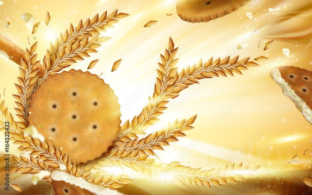 Round cracker and wheat background