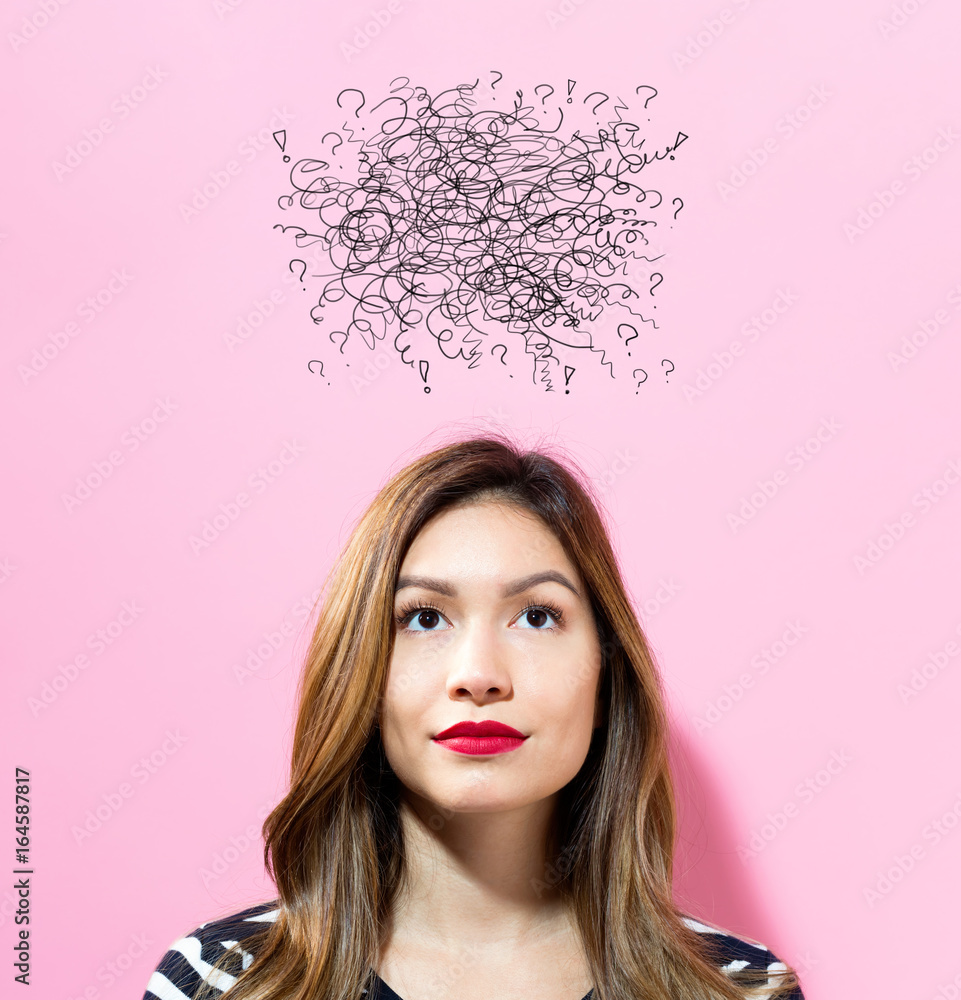 Doodle with young woman on a pink background