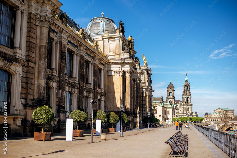 View on the Bruhl terrace with University of arts building during the sunny weather in Dresden city,