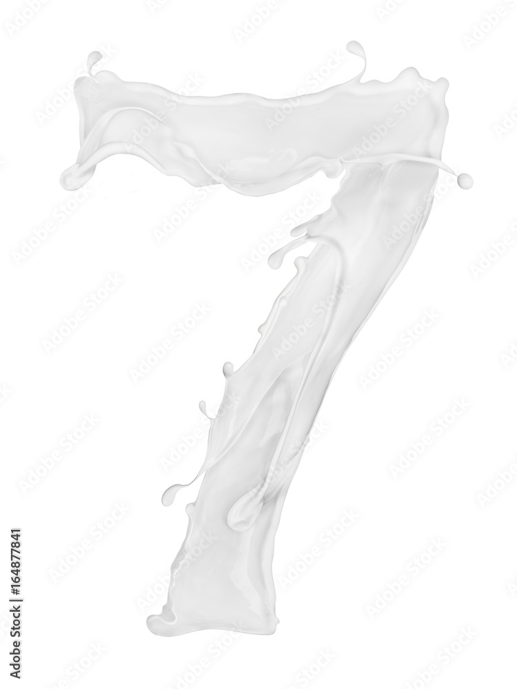 Number 7 made from splashes of milk on white background