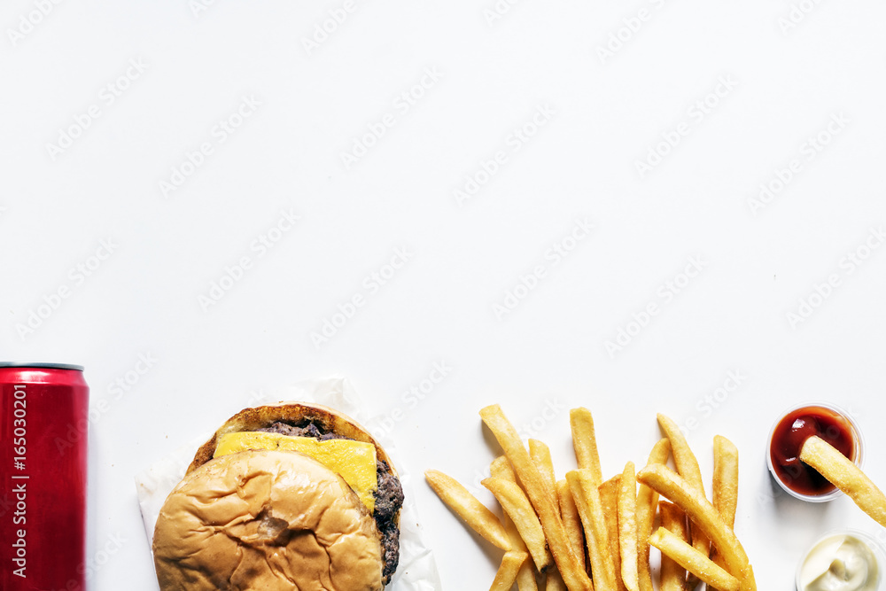 Aerial view of burger and fries fast food