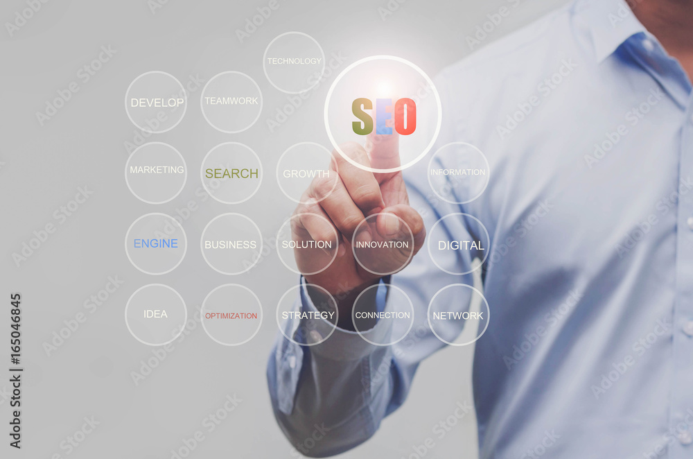 Business hand showing search SEO communication icon web sign as concept