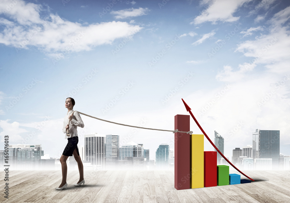 Businesswoman pulling arrow with rope and making it raise up