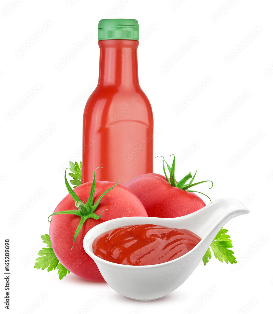 Tomato ketchup bottle and fresh tomatoes isolated on white background