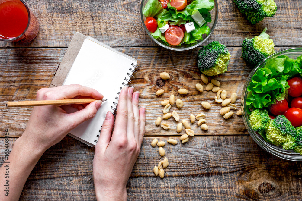 concept diet, slimming plan with vegetables top view mock up