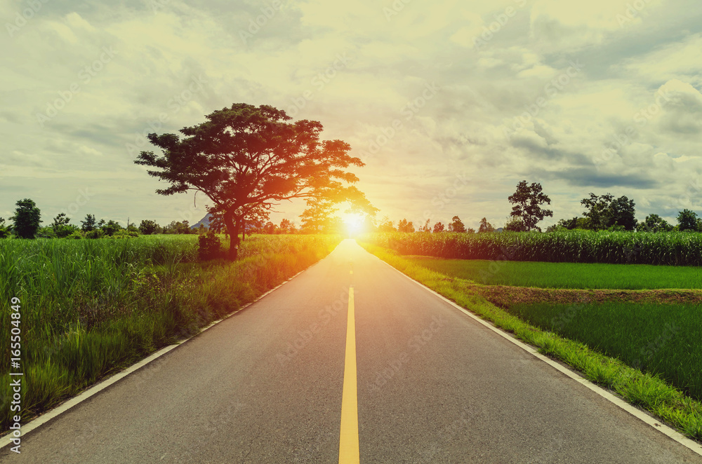 乡间落日余晖的空旷道路