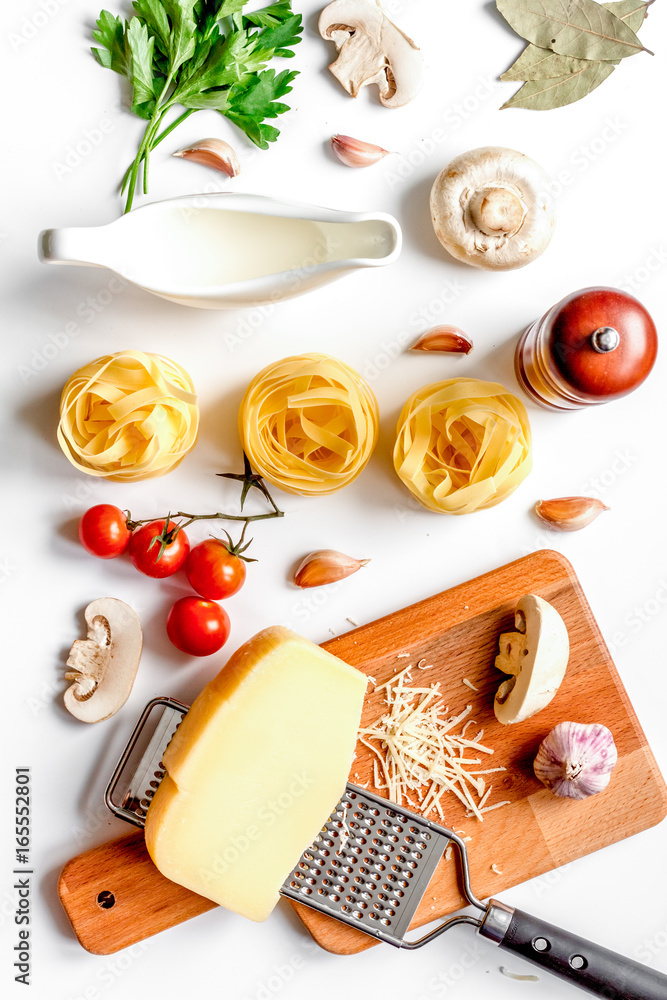 ingredients for cooking paste on white background top view