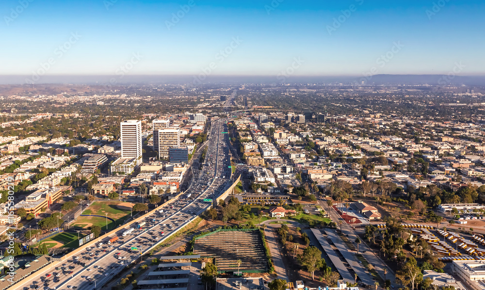 Aerial view of traffic on a highway in Los Angeles, CA