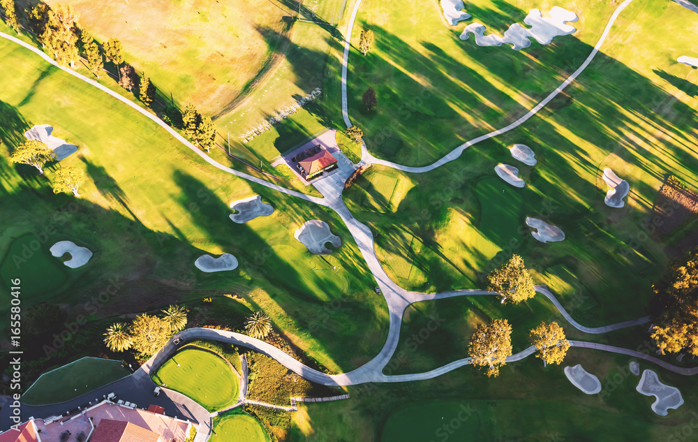 Aerial view of a golf course country club in Los Angeles, CA