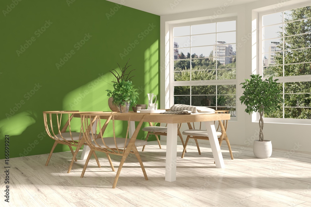 Green dinner room. Scandinavian interior design. 3D illustration