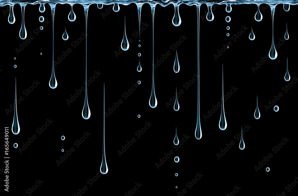 Transparent streaks and drops of water on black background