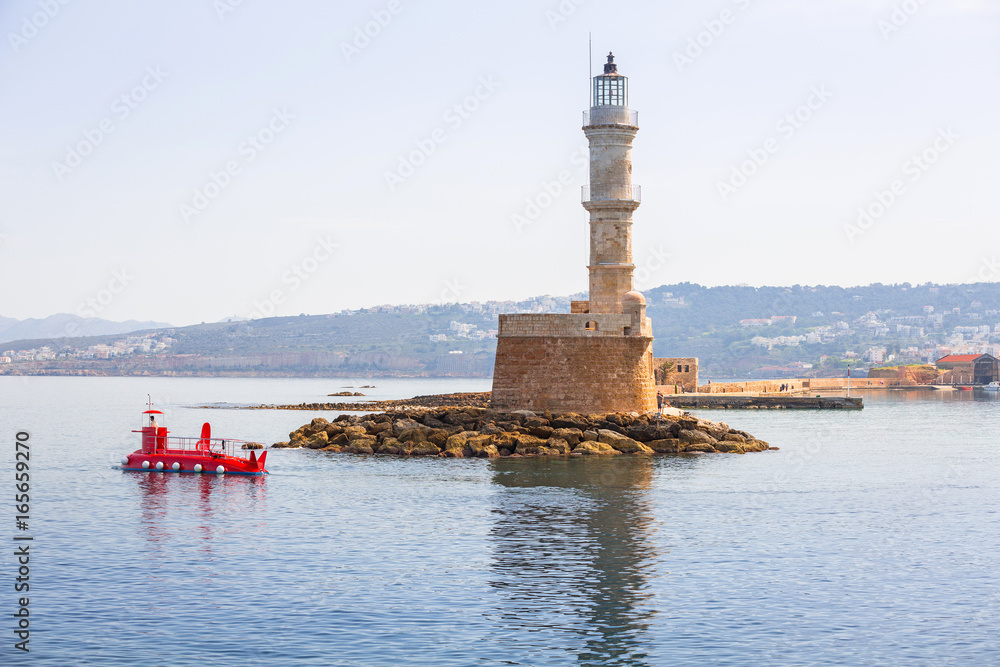 Lighthouse in old harbour of Chania on Crete, Greece