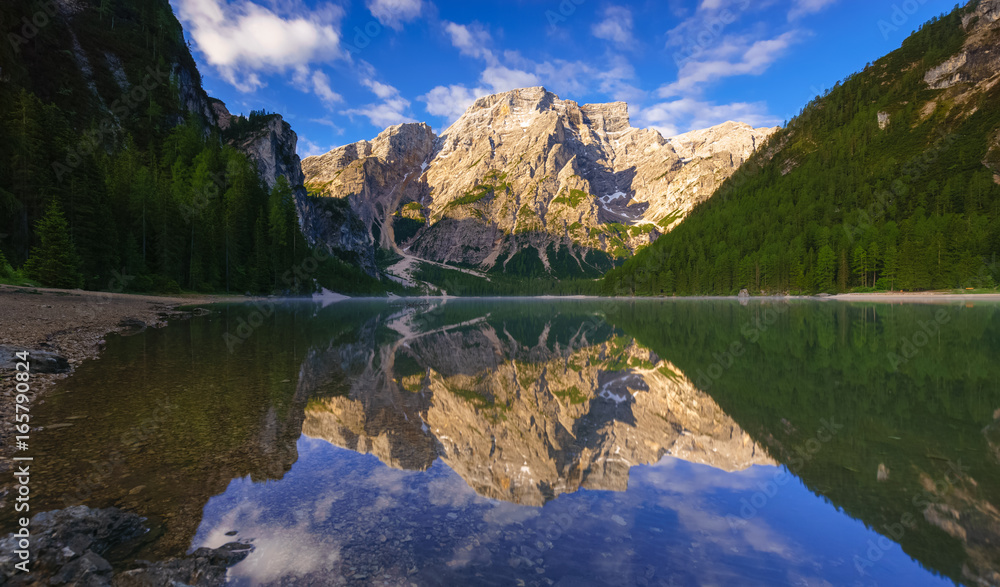 Braies Lake at sunrise, Dolomites mountains, Italy