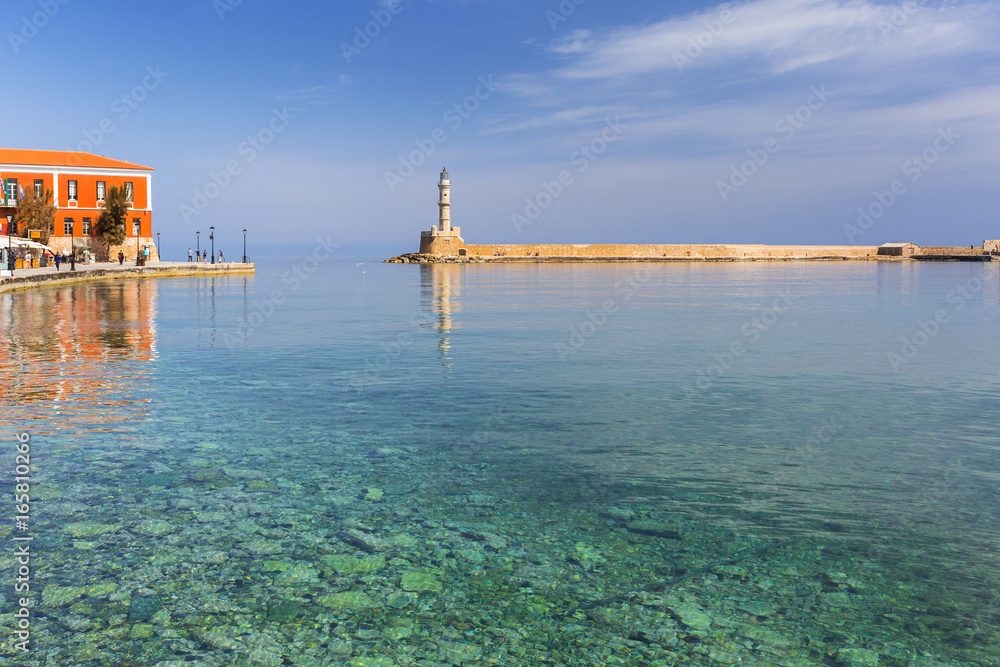 Lighthouse in old harbour of Chania on Crete, Greece