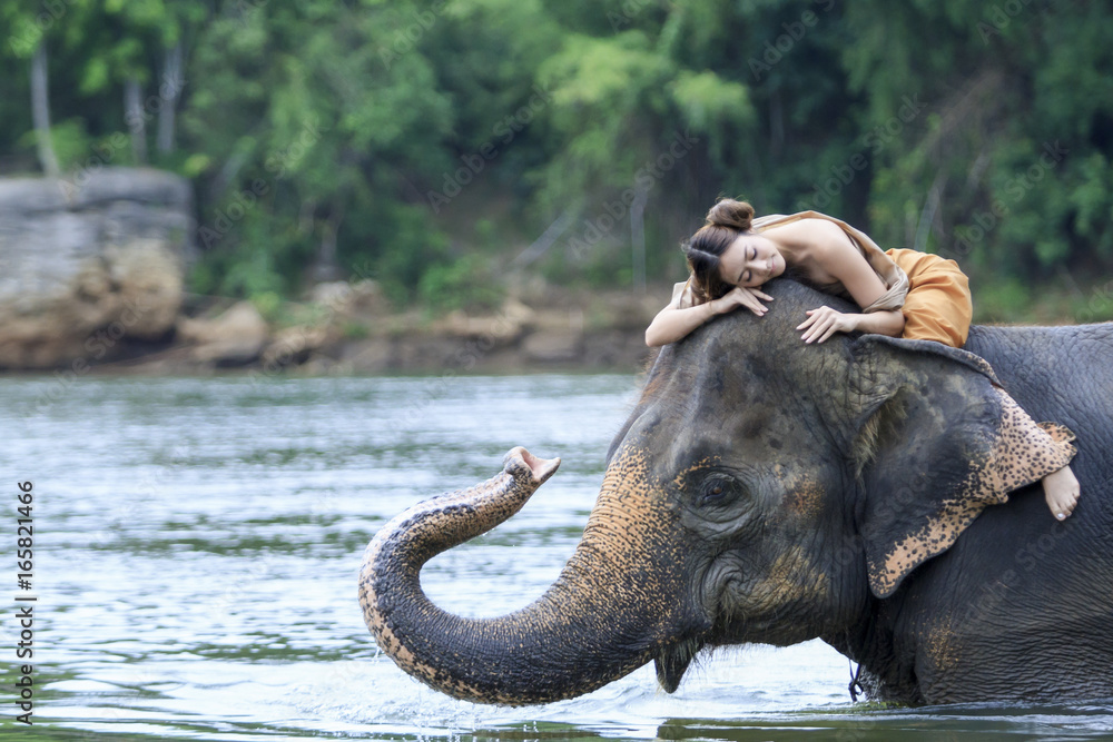 beuautiful girl in traditionalthai dress sitting on elephant showing lovely between human and animal