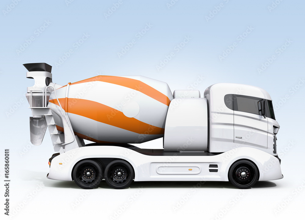 Side view of concrete mixer electric truck isolated on light blue background. 3D rendering image.