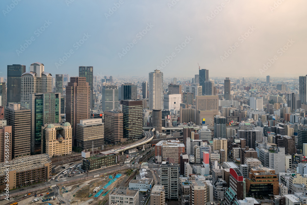 Osaka City Views from Umeda Sky Building in Osaka city, Japan.