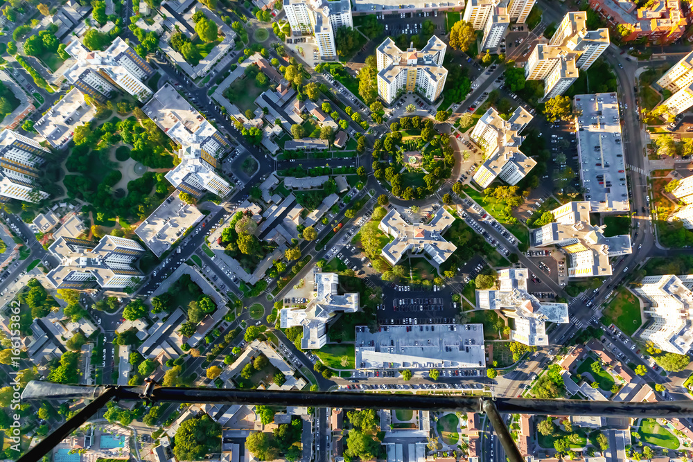 Aerial view of buildings on near Wilshire Blvd in Westwood, Los Angeles, CA