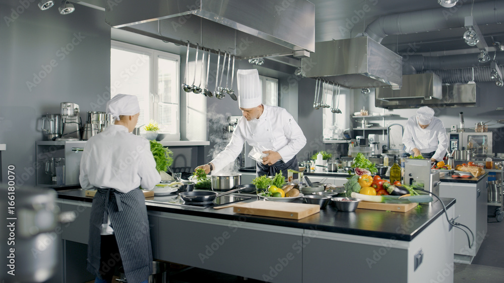 Big and Glamorous Restaurant Busy Kitchen, Chefs and Cooks Working on their Dishes.