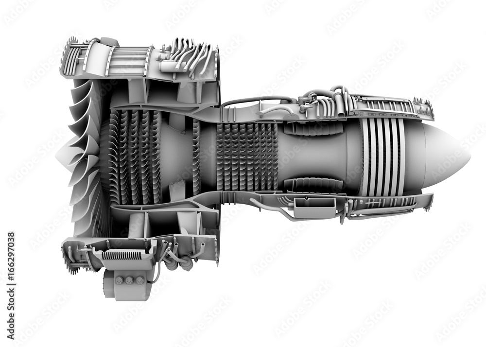 白色背景上孤立的涡扇喷气发动机的3D粘土剖面图。3D渲染图。