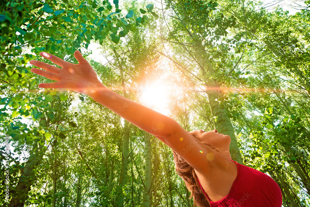 Mujer con los brazos abiertos en paisaje con arboles.Puesta de sol en paisaje de ensueño.Concepto de