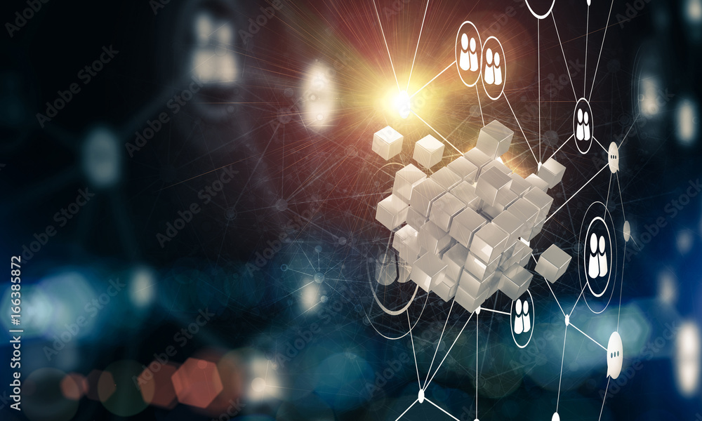 Concept of Internet and networking with digital cube figure on d