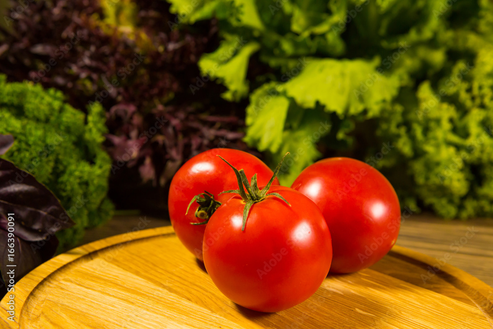 Fresh ripe tomatoes on a wooden table with a green salad on the background. Fresh vegetables.