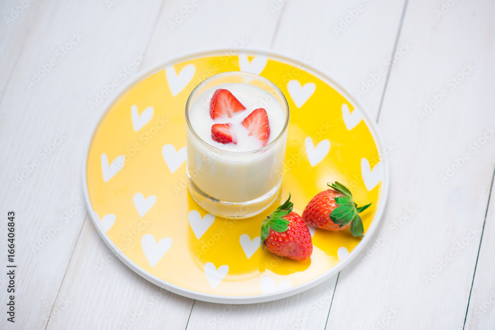 Strawberry Yoghurt. Healthy food with Strawberries and yoghurt breakfast on table.