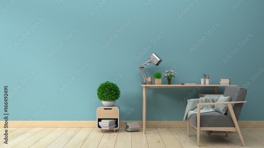 Within the office desk with armchair with walls and blue. 3D rendering.