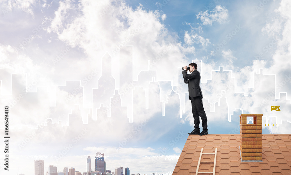 Businessman standing on roof and looking in binoculars. Mixed media