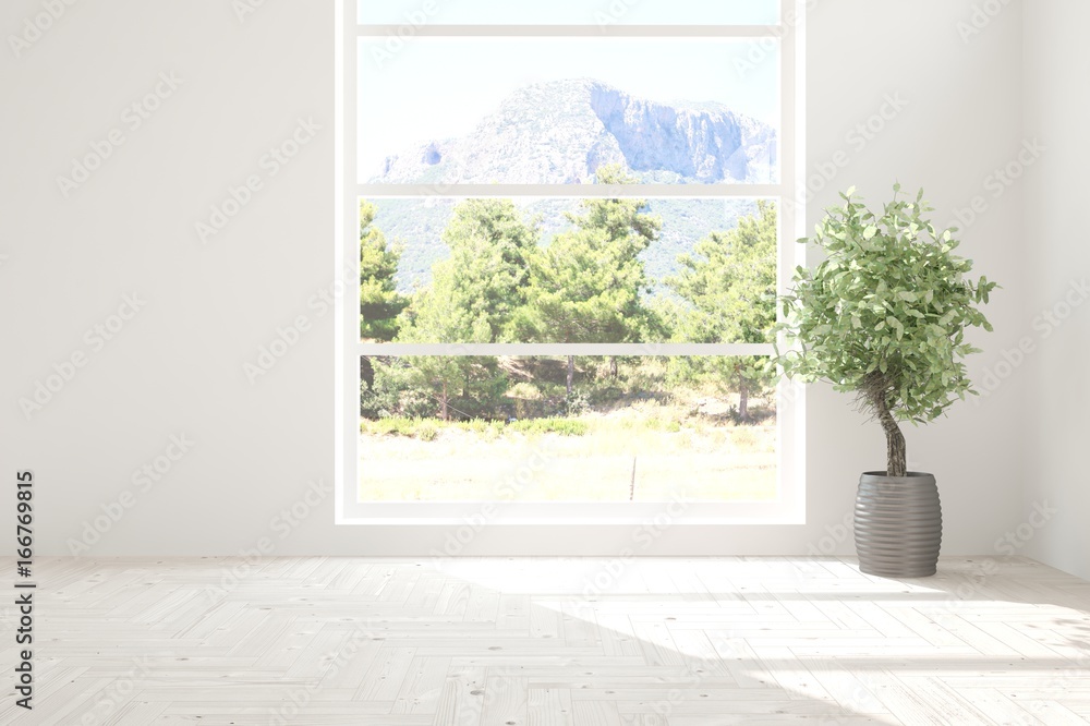 Idea of white empty room with summer landscape in window. Scandinavian interior design. 3D illustrat