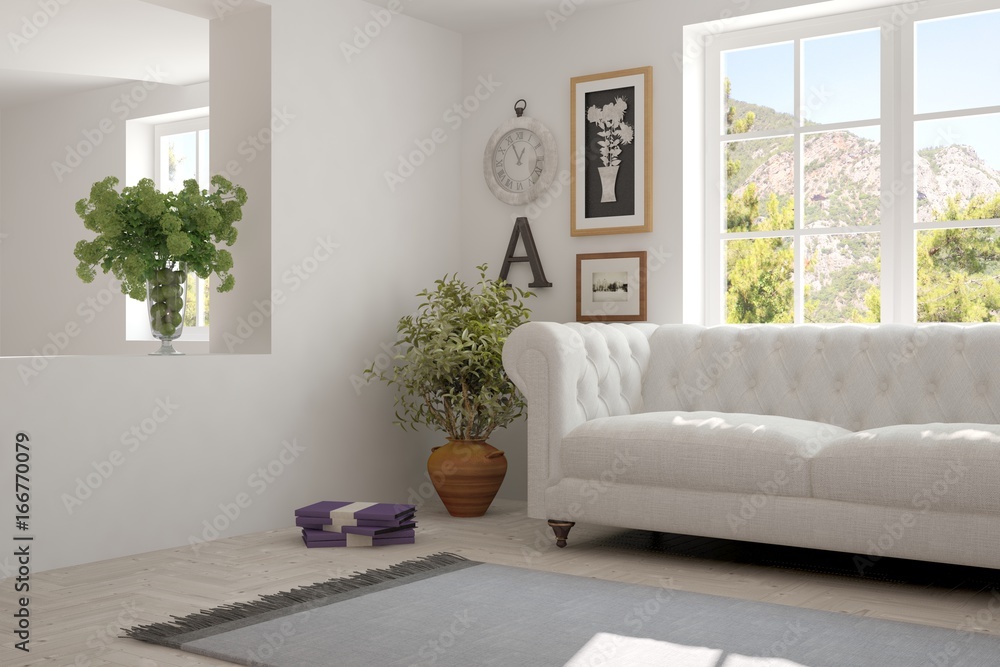 Idea of white room with sofa and summer landscape in window. Scandinavian interior design. 3D illust