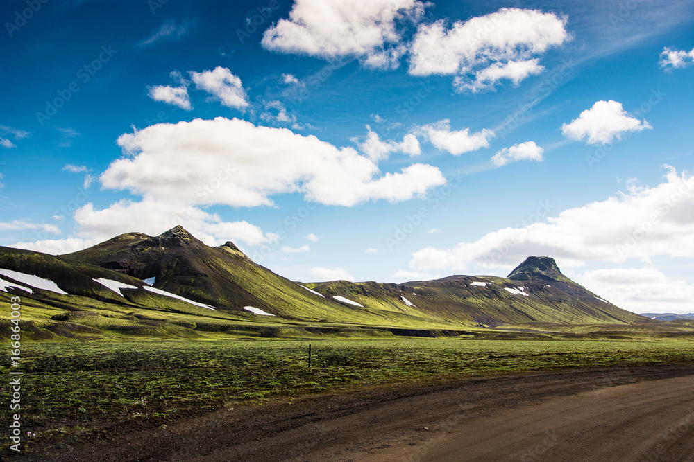 Landmannalaugar, highland landscape in summer in Iceland with aview of green mountain, cloud and con