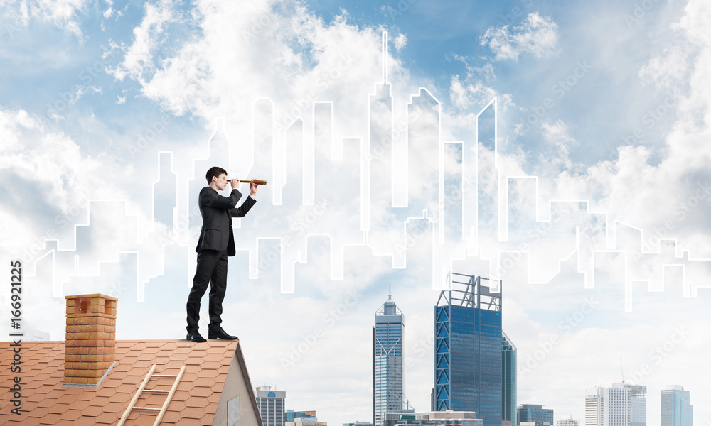 Engineer man standing on roof and looking in spyglass. Mixed media