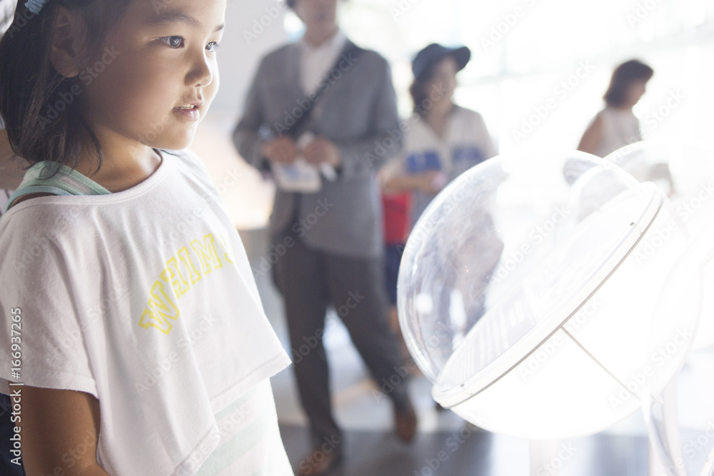 The girl is staring at the spherical glass case