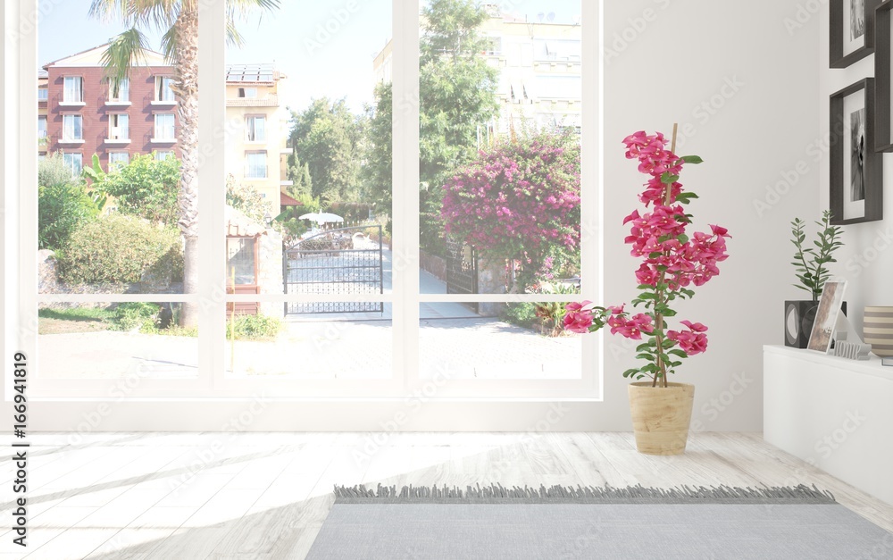 White empty room with summer landscape in window. Scandinavian interior design. 3D illustration