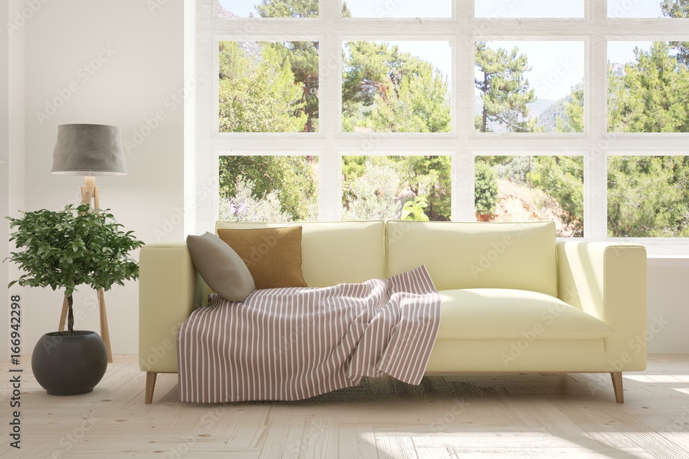 Idea of white room with sofa and summer landscape in window. Scandinavian interior design. 3D illust