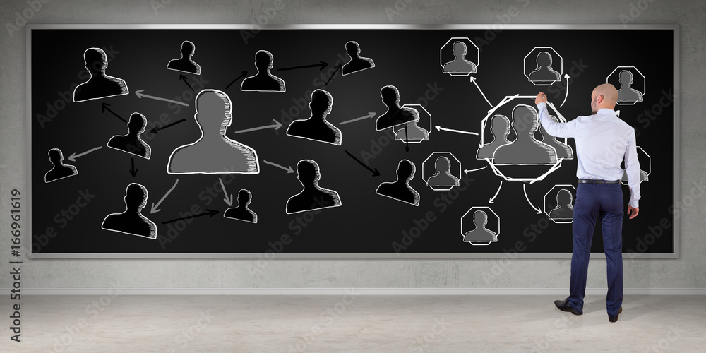 Businessman drawing social network sketch on a board 3D rendering